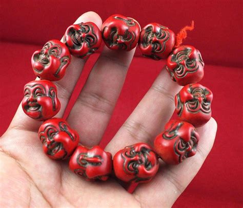 Chinese Red coral Carving Maitreya Buddha beads bracelet-in Strand ...