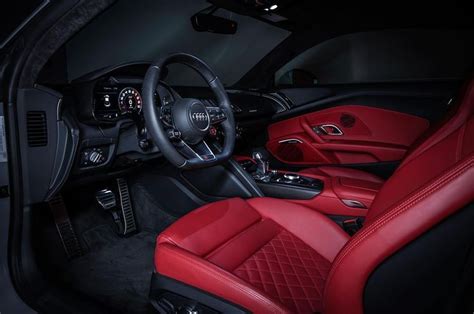 Beautiful interior in the 2018 Audi R8. red and black interior custom diamond stitch door panels ...