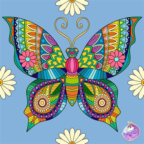 a colorful butterfly on a blue background with daisies