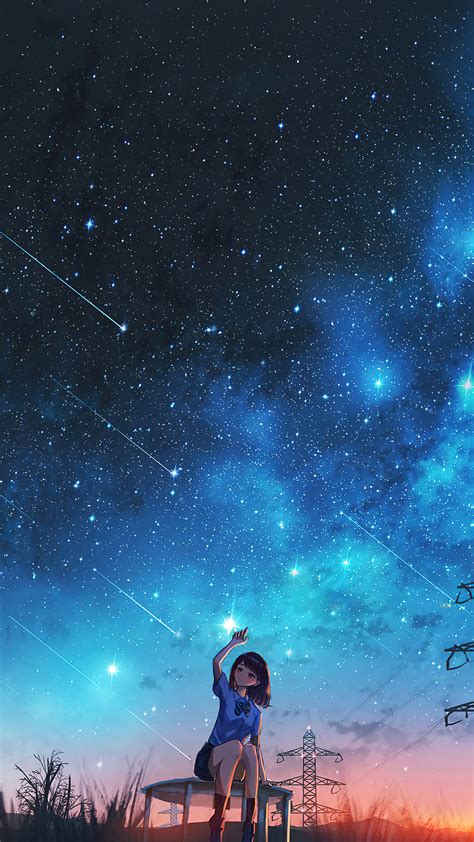 Anime School Girl Night Sky Stars 4K #30h Wallpaper PC Desktop