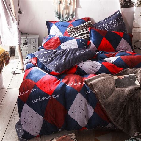 Colorful Geometry Pattern Flannel Thick Bedding Sets For Adults Queen ...