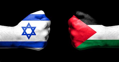 Flags Of Israel And Palestine Painted On Two Clenched Fists Facing Each Other On Black ...