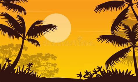 At Sunset Jungle Landscape with Palm Silhouette Stock Vector - Illustration of flowers, woods ...