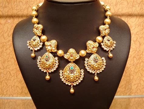 Gold Light Weight Antique Kundan Necklace Design - South India Jewels