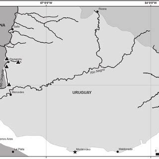 Map of Uruguay showing the Uruguay River and its tributaries. Symbol... | Download Scientific ...