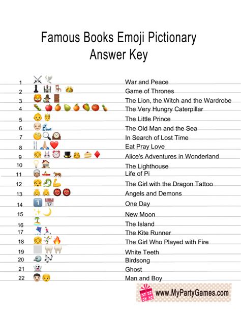 Free Printable Famous Books Emoji Pictionary Quiz