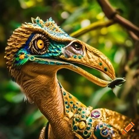 Ornate peacock velociraptor in gold and gemstone armor hoarding ...