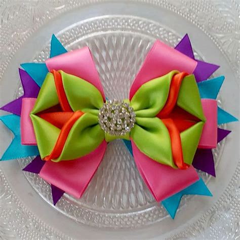 Handmade Satin Ribbon Bow With Rhinestone in Rain Bow Color 5x4.5 Inch MY-772-05 Ready to Ship ...