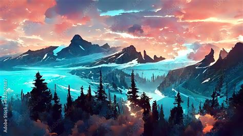 Mountain and trees landscape. Digital painting. 4K wallpaper ...