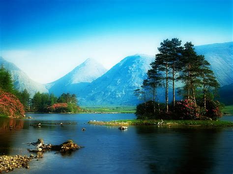 It Is Real, cyan, lakes, mountains, flowers, nature, trees, HD ...