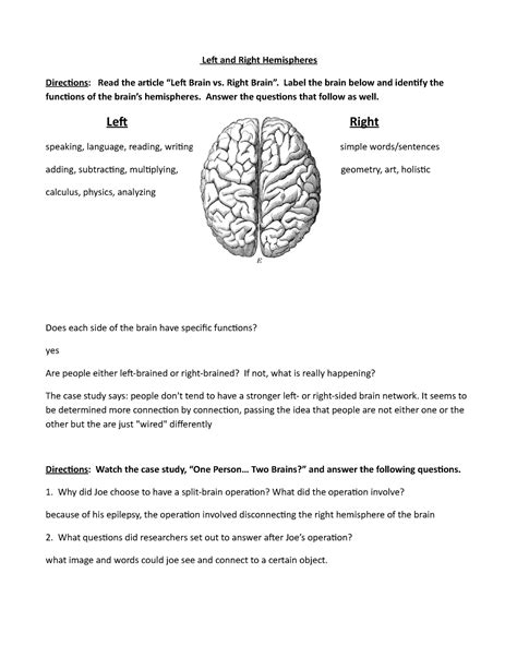 Brain Hemispheres Worksheet - Left and Right Hemispheres Directions ...