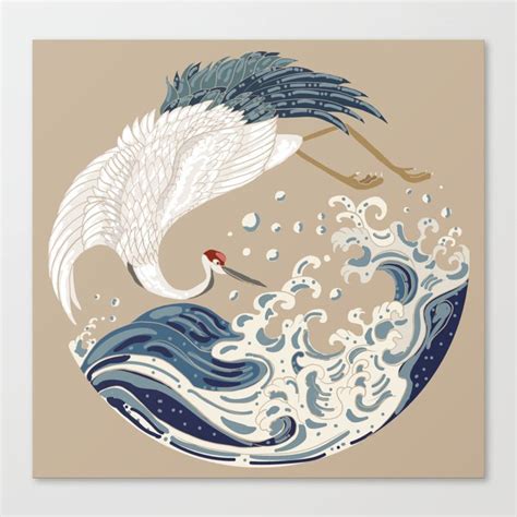 Crane and Japanese wave illustration. Traditional Chinese wave in circle. Beautiful line art of ...