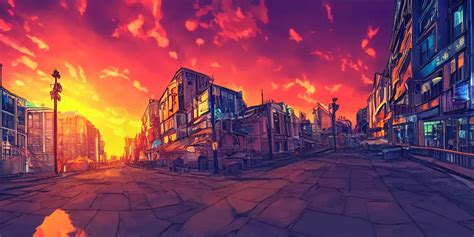 a beautiful digital drawing of a sunset in a city, | Stable Diffusion