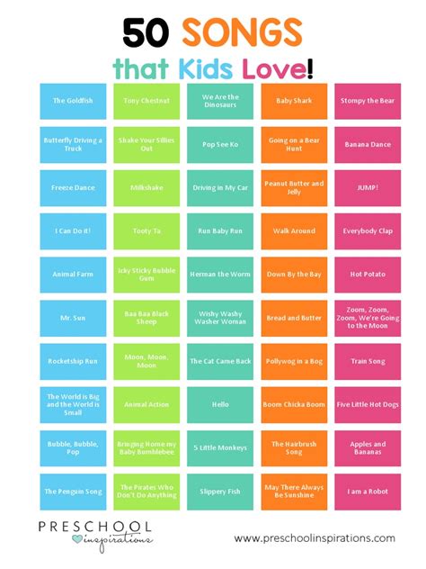 50 Songs That Kids Love Printable - Preschool Inspirations | PDF