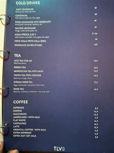 Menu at Tel Aviv Urban Food restaurant, Warsaw, Poznańska 11