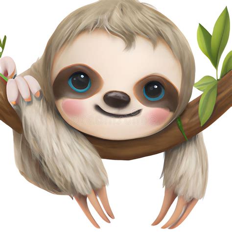 Cute and Adorable Baby Sloth Hanging in a Tree Stock Illustration - Illustration of portrait ...