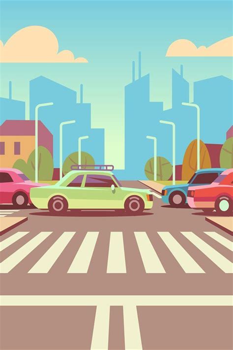 Cartoon city crossroads with cars in traffic jam, sidewalk, (909493) | Illustrations | Design ...