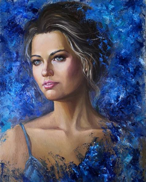 Portrait of a beautiful girl on an abstract blue background. Painting by Svetlana BELOVA ...