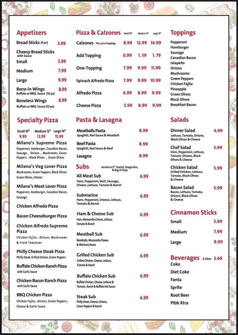 Menu at Milano's Pizza pizzeria, Dublin, 231 S Patrick St