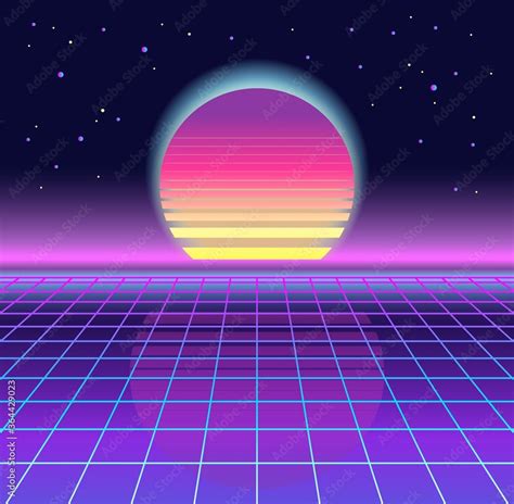 Sunrise, sunset. Retrowave, synthwave, rave, vapor background. Light grid landscape. Yesterday’s ...