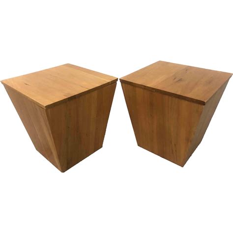 Contemporary Trapezoid Shape Solid Wood Box End Tables - a Pair | Chairish