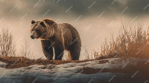 Premium AI Image | A grizzly bear stands on a hill in the snow