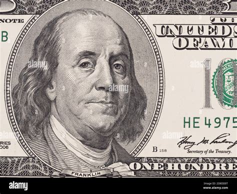 Founding father Benjamin Franklin portrait on US 100 dollar bill, united states money Stock ...