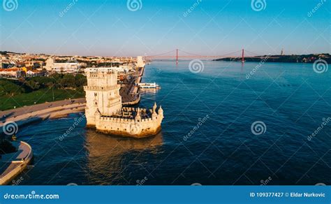 Aerial Panorama of Belem Tower and Belem District at Sunset.Tower of St Vincent on the Bank of ...