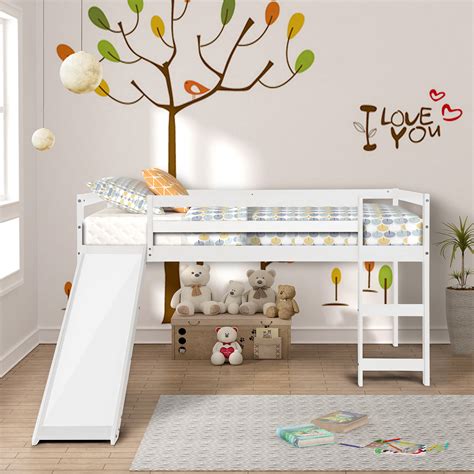 Kids Bed with Slide for Boys and Girls, Multifunctional Twin Size Wooden Loft Bed Frame with ...