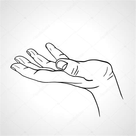 Side view of a line art hand with palm up isolated on a white background, sketched open hand ...