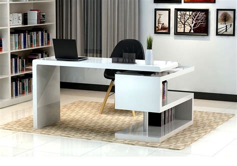 White Matte Finished Office Desk with S Shaped Bookcase Seattle ...