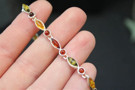 Sterling Amber Bracelet, Multicolored Amber Jewelry, Amber Link Bracelet, Sterling Silver Estate ...