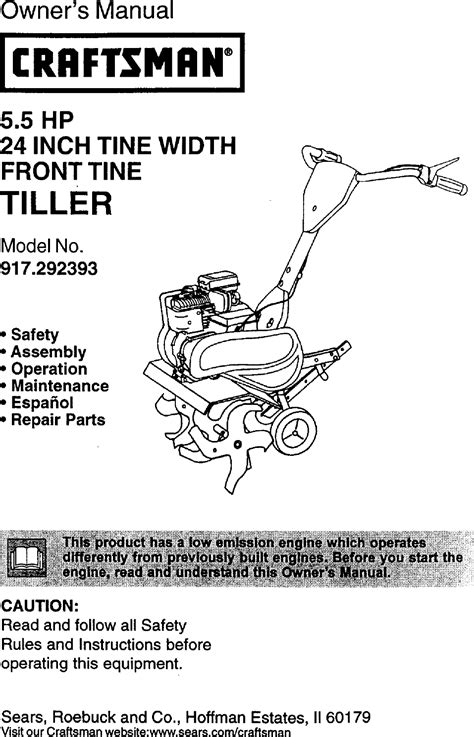 Craftsman 917292393 User Manual TILLER Manuals And Guides L0060079