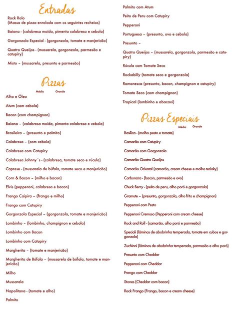 Menu at Johnny's Pizza restaurant, Cebu City