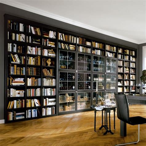 Furniture. large black wooden Library Bookshelves with many racks on brown wooden floor ...