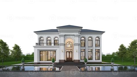 Classic house exterior with pond and landscape on white background.3d ...