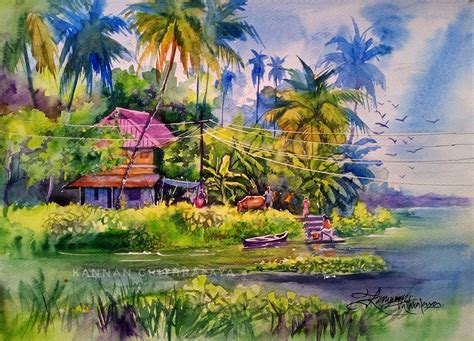 Watercolor Painting Village By Kannan Chitralaya 11