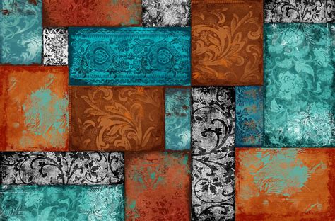 Bohemian Patchwork Teal Orange Wallpaper - Happywall