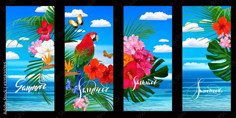 Set of tropical wallpapers for smartphone with parrot,flowers and palm leaves. Vector ...