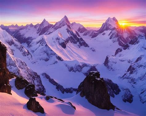 Premium Photo | Sunset in the snowy mountains