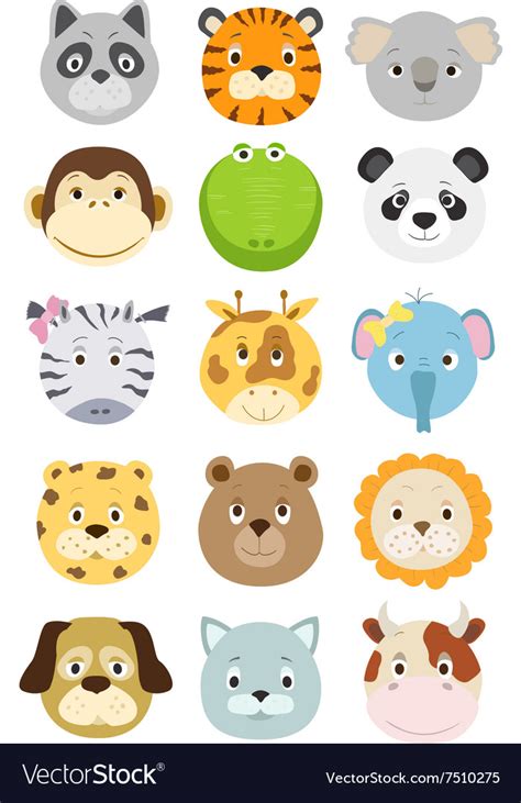 Cute cartoon animals faces set Royalty Free Vector Image