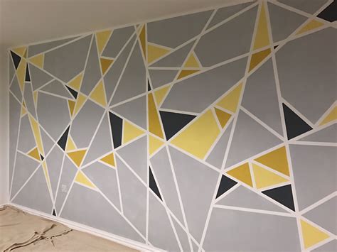 Geometric Yellow and Grey Wall Painting with Masking Tape