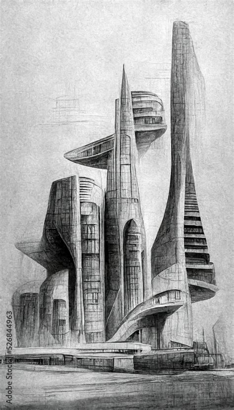 Futuristic surreal urban architecture pencil drawing style. Fantasy ...