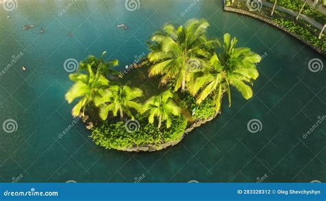 Aerial View of Small Island with Green Coconut Palm Trees in Blue Lagoon Hawaii Stock Footage ...