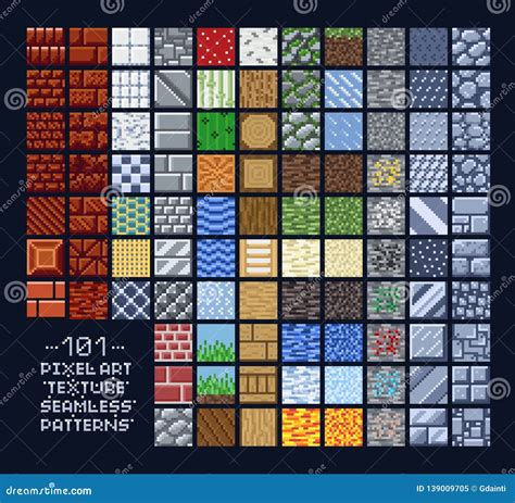 Pixel Art Style Set of Different 16x16 Texture Pattern Sprites - Stone, Wood, Brick, Dirt, Metal ...