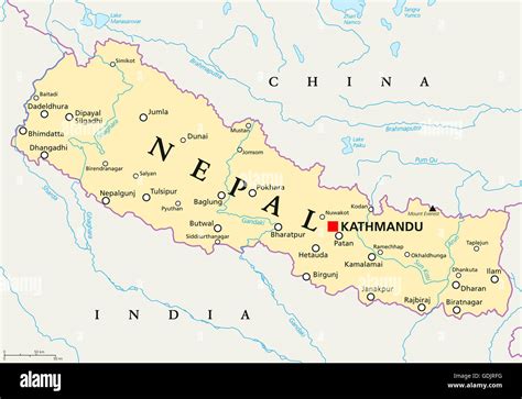 Nepal political map with capital Kathmandu, national borders, cities ...