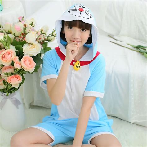 Blue Doraemon Summer Animal Cosplay Costume Onesie Short Sleeve Hoodie For Adult Women Men ...