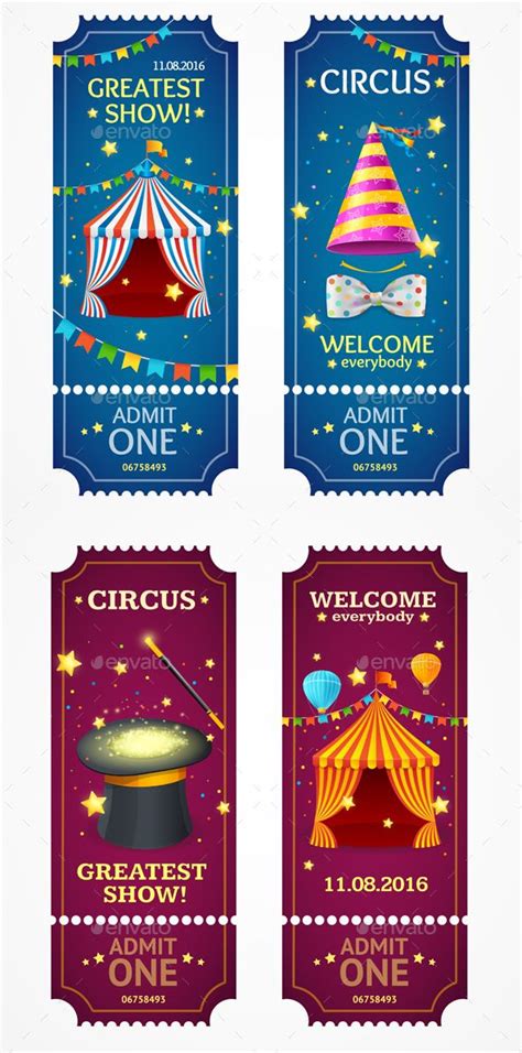 three circus tickets with the words circus on them and an image of a tent in the background