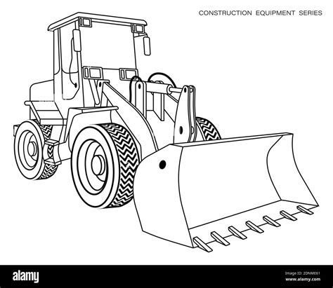 Children linear drawing for coloring book. Construction equipment loader, bulldozer in linear ...