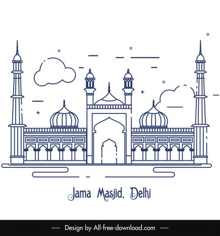 Mosque islam jama masjid delhi architecture background flat symmetric classic outline vectors ...